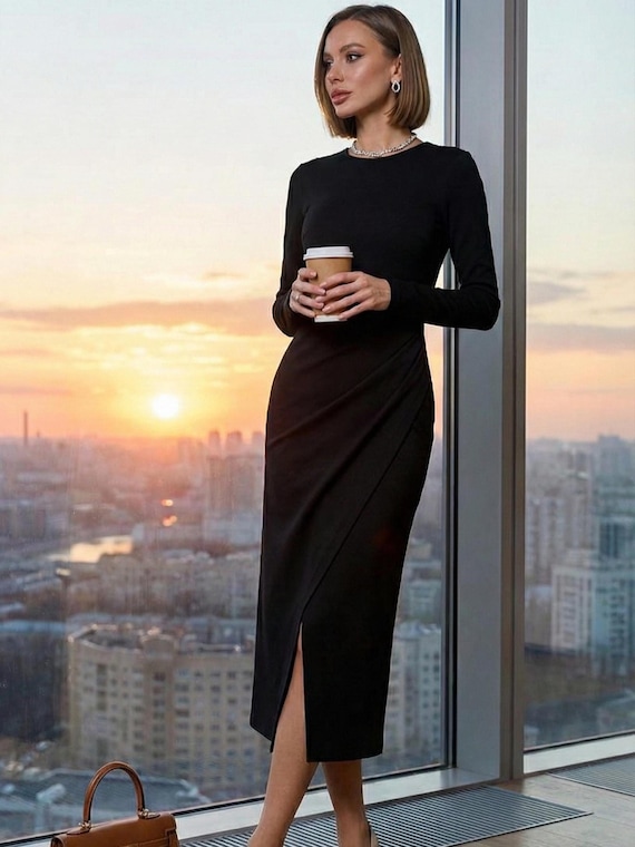 Black formal dress Long Sleeve Midi Sheath Silhouette Timeless Wedding Guest Look Black formal dress Long Sleeve Midi Sheath Silhouette Timeless Wedding Guest Look