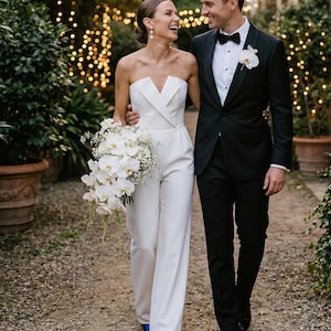 White Corset Jumpsuit: Strapless Wide-Leg Crepe Bridal Outfit