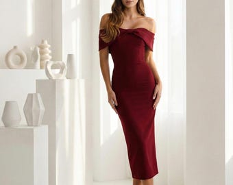 Cocktail dress Dark Red Structured Corset Midi Gown Elegant Evening Party