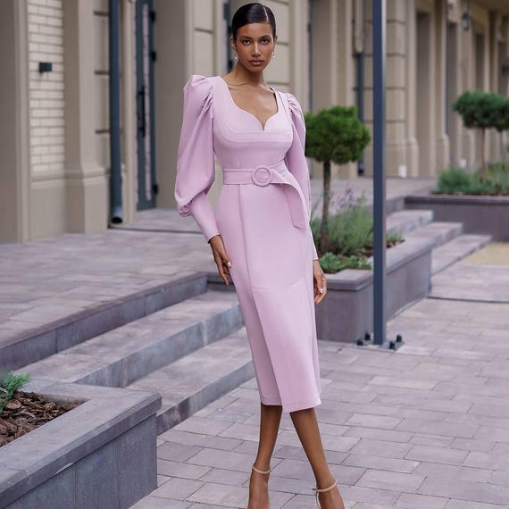 Powder Winter Wedding Guest Dress Pink Midi Dress With Long Puff Sleeves  and Belted Waist - Etsy