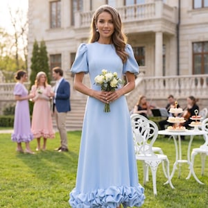 mother of the bride light blue dress Mother of the Bride Dress 2026 Long Dusty Blue V-neck Short Sleeves