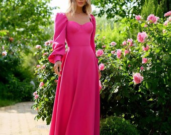 Sky Blue Crepe Dress: Long Sleeve Corset Bodice, Wedding