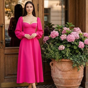 Pink Wedding Guest Midi Dress with Corset-Style Cups – Elegant Long Sleeves & Flowy Skirt