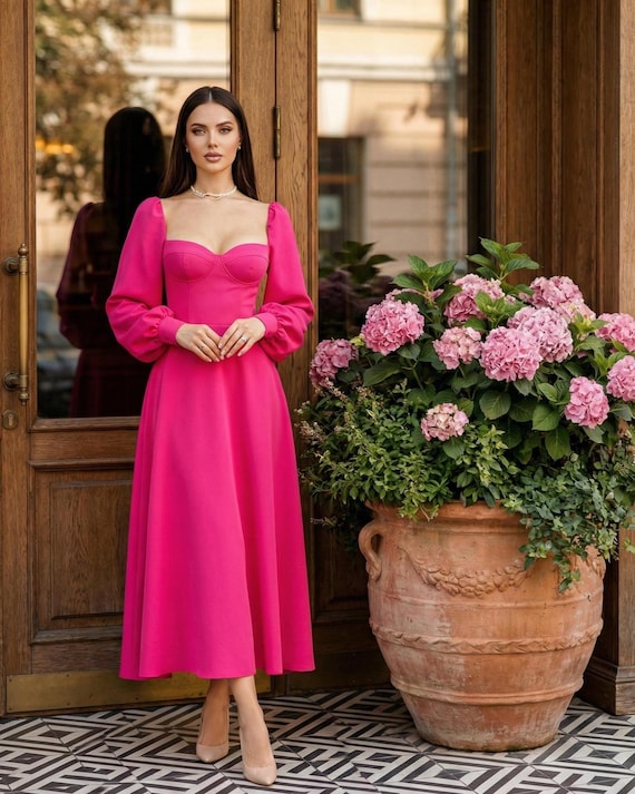 Pink Wedding Guest Midi Dress With Corset-style Cups Elegant Long Sleeves & Flowy Skirt - Etsy Canada Pink Wedding Guest Midi Dress With Corset-style Cups Elegant Long Sleeves & Flowy Skirt - Etsy Canada