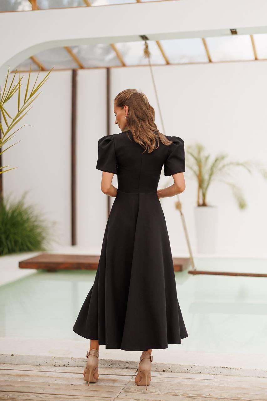 Formal Black Wedding Guest Dress Fit and Flare with Short Voluminous Sleeves