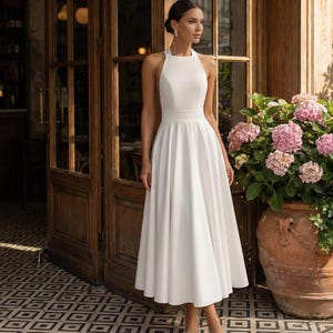 White Halter Simple Wedding Midi Dress: Open Back Bow Tie, A-Line Crepe
