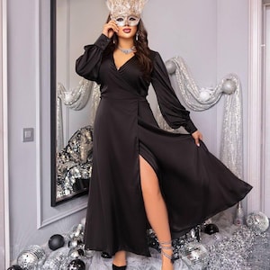 plus size floor length black dress Plus Size Empire Waist Chiffon Maxi Dress with Long Lantern Sleeves –  Ever-Pretty Plus main image 1