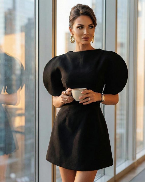 Black Mini Dress Sculptural Puff Sleeve Party Outfit Modern Cocktail Attire