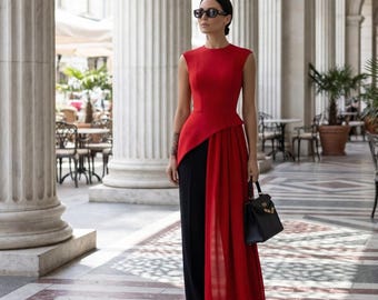 Top asimétrico rojo de cóctel con cola para recepción o boda civil