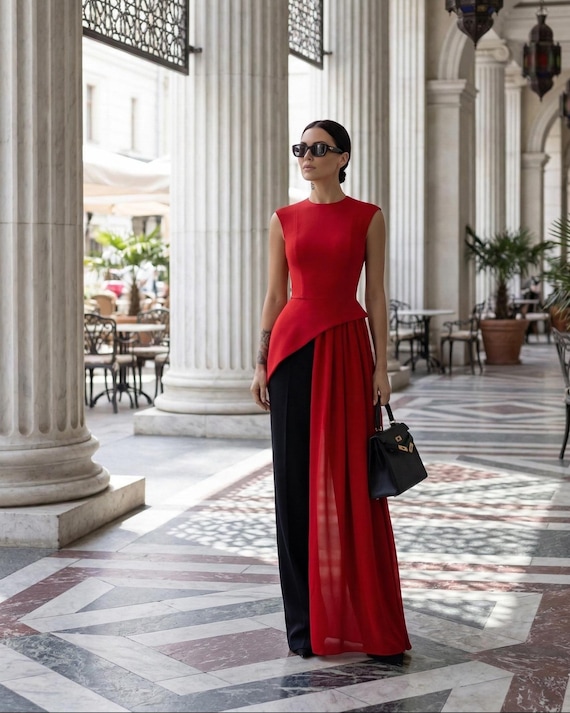 asymmetrical top dress Cocktail Red With Train for Reception or Civil Wedding Length:4