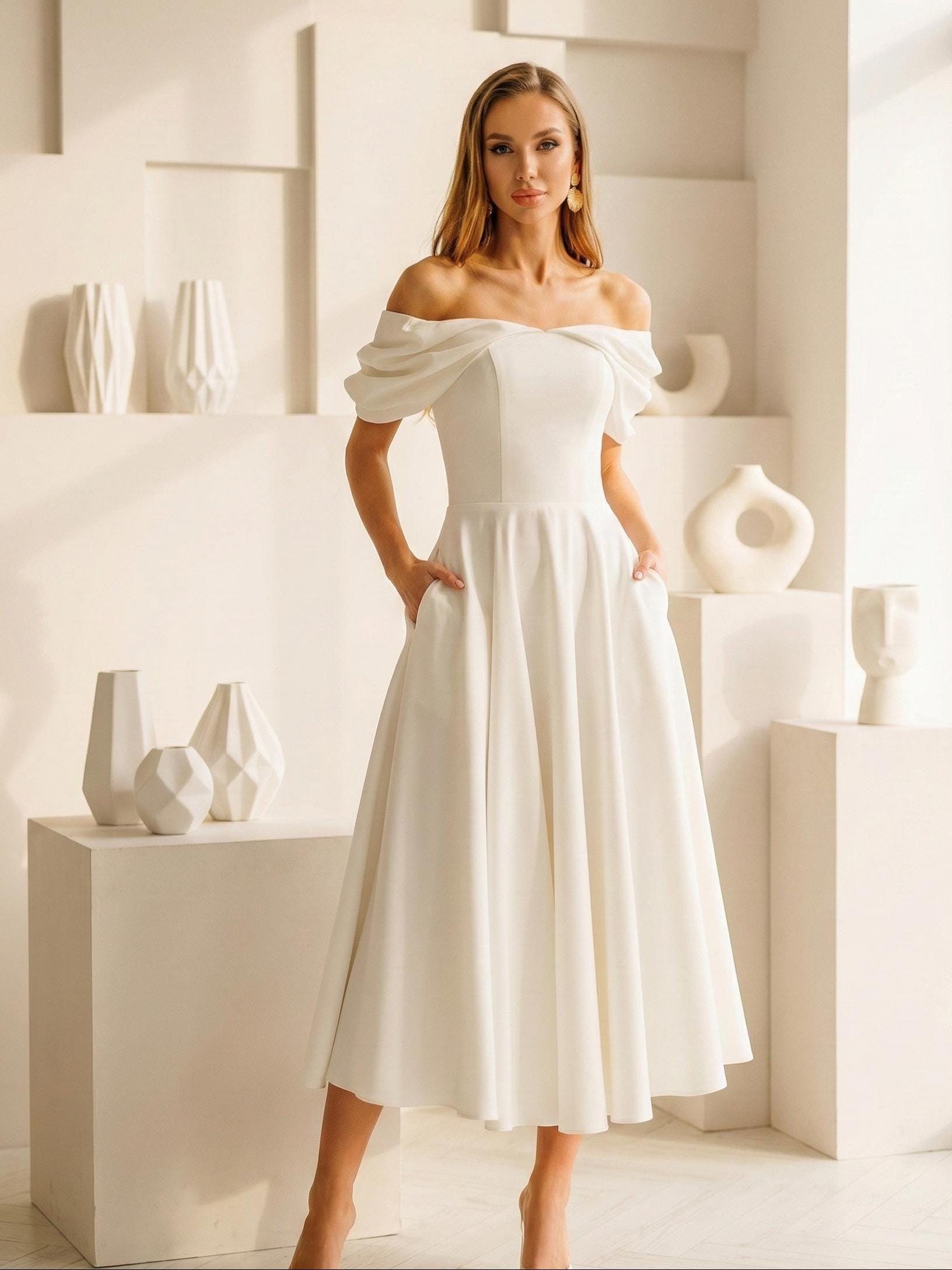 open lace back dress Zapaka Women White Graduation Dress Spaghetti Straps V-Neck Ruffled Chiffon Tea Length Party Dress, White / US6 main image 0