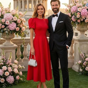 Rotes ausgestelltes Kleid mit kräftigen Ärmeln – Festliche Garderobe für Hochzeiten, Verlobungen & Partys