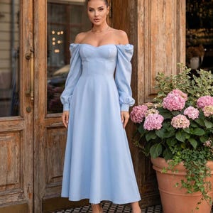 Sky Blue Crepe Dress: Long Sleeve Corset Bodice, Wedding Guest Outfit