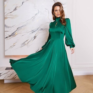 emerald green satin dress modest Lulus | Emerald Green Satin Long Sleeve Maxi Dress | Womens | XX-Small (Available in XS, S)