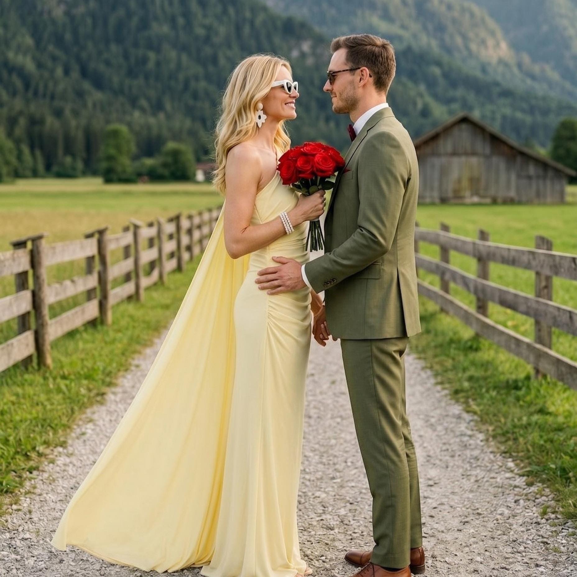 Pastel Yellow One Shoulder Dress, Cape Sleeve Ruched Maxi, Rustic Barn ...