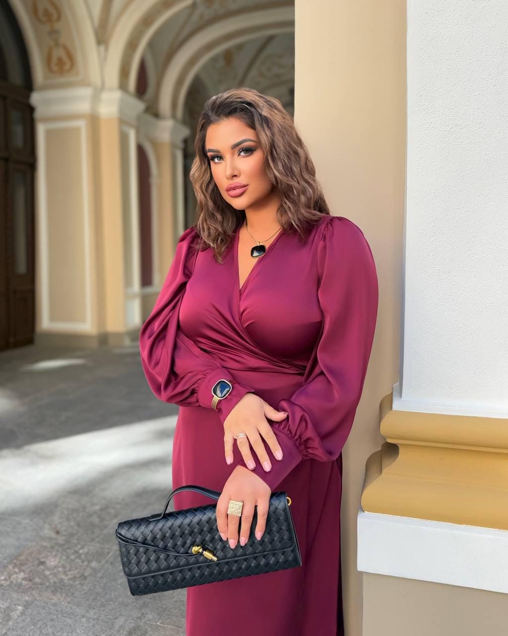 Plus Size Wrap Dress in Plum with Loose Cuffed Sleeves and Flared Skirt