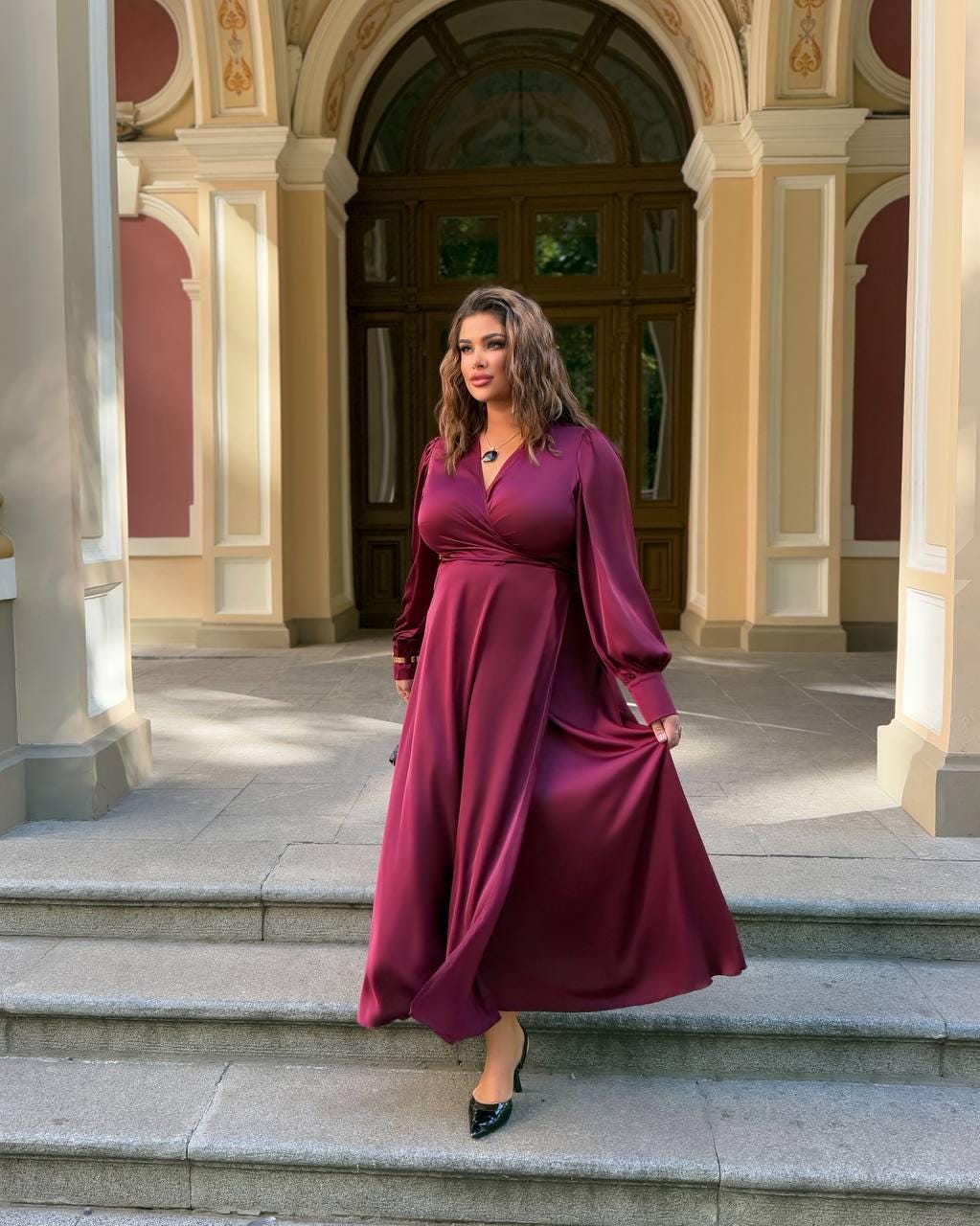 plum ribbed wrap maxi dress Plus Size Wrap Dress in Plum with Loose Cuffed Sleeves and Flared Skirt