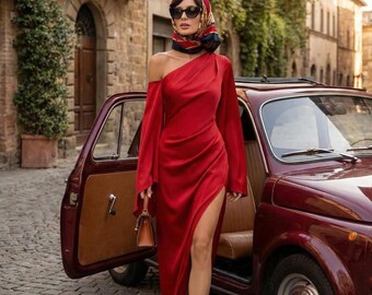 Red Prom Dress Asymmetrical Long Sleeve Satin Gown Elegant Party Attire