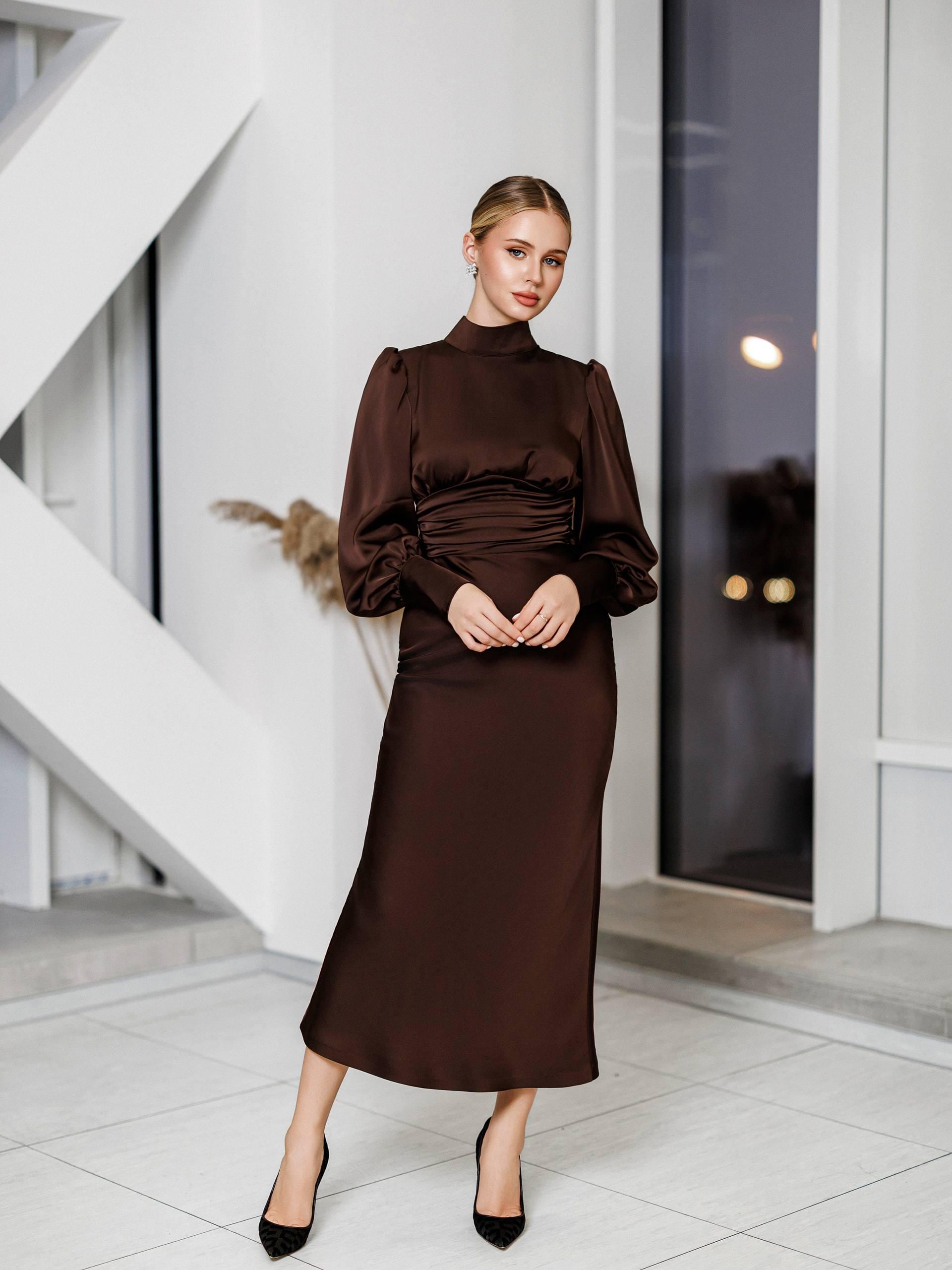 brown satin midi dress Backless in Chocolate -- Long Sleeve Open Back Elegant Dress Color:Rose gold (RosyBrown) this dress features a Feb25-restock Women's Sleeveless Swing Maxi Round neck