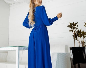 long sleeve royal blue midi dress DARING DIVA Work Office Elegant 3/4 Sleeve V Neck A-Line Dress M Royal Blue