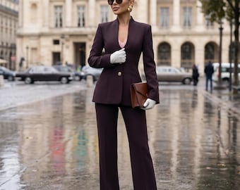 Chic Formal Womens Suit Chocolate Two Piece Blazer and Wide Leg Pants