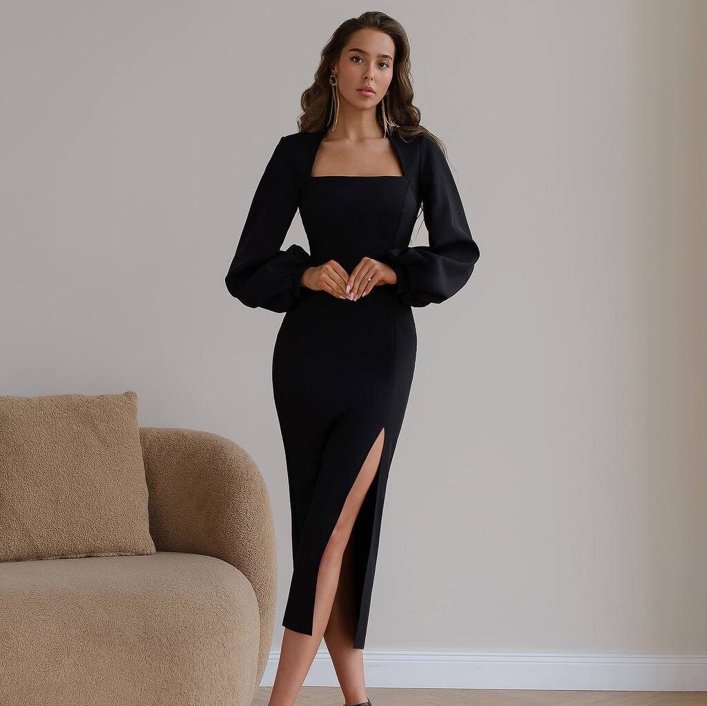 Black midi formal dress longsleeves with hight slit