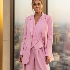 May include: A light pink three-piece suit, including a blazer, vest, and wide-leg trousers. The suit has a tailored fit and is made of a smooth fabric. The blazer features a notched lapel and the vest has button closures. The outfit is suitable for business or formal occasions.