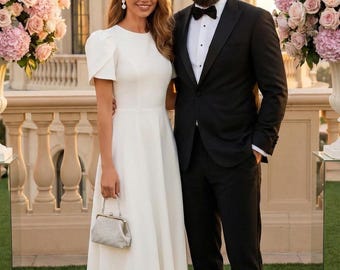 Elegant White Midi Dress with Dramatic Puff Sleeves – Wedding Guest or Engagement Outfit