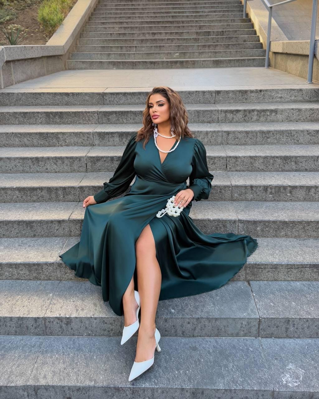 emerald green long dress plus size Wrap Sleeves Satin Maxi Gown Velvet maxi
