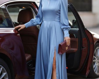 chinese dress ladies Long Sleeve Ruched A-Line Maxi Dress with Square Neck main image 1