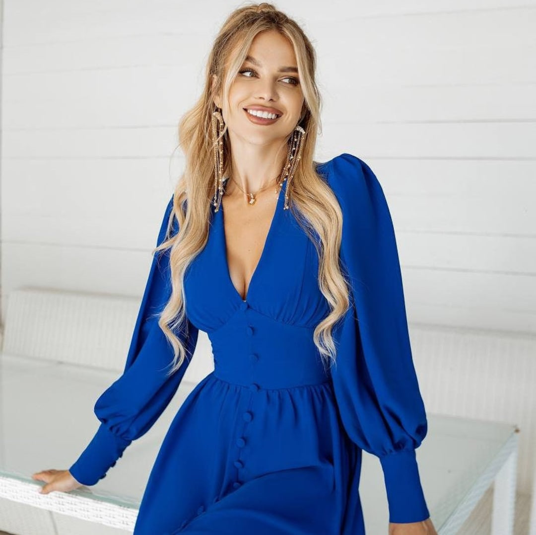 Royal Blue Cocktail Midi Dress: Long Sleeve Elegant Azure Gown