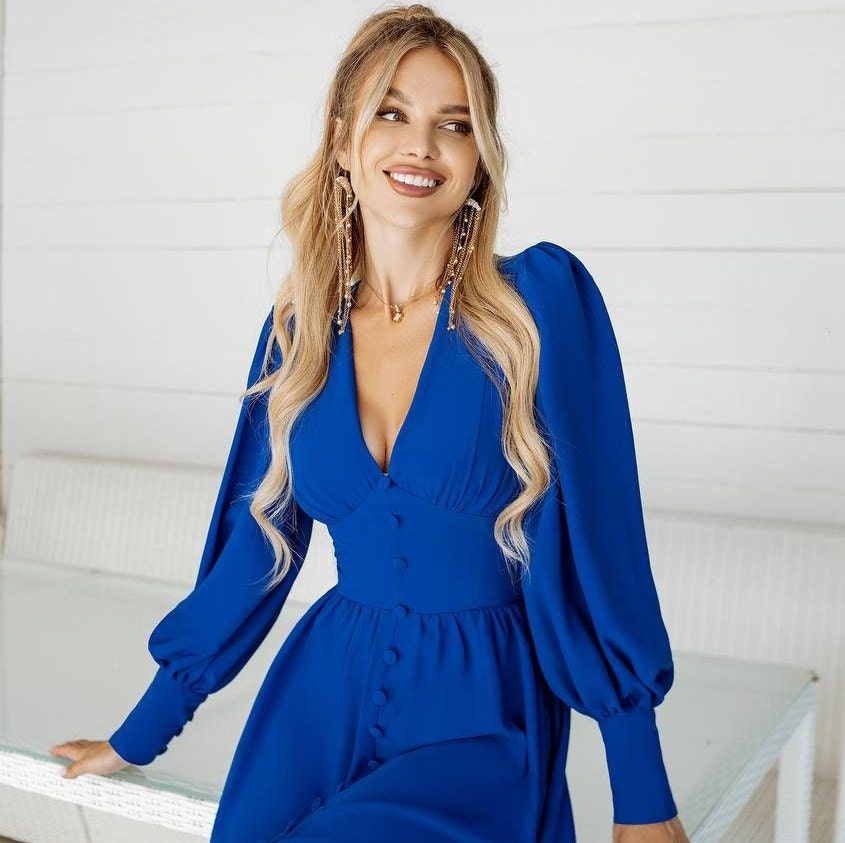 Royal Blue Dress Long Sleeves, Blue Cocktail Dress, Blue Midi Dress - Etsy  Canada
