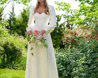 Elopement Dress with Voluminous Sleeves and Structured Bodice – Perfect for Bridal and Special Occasions