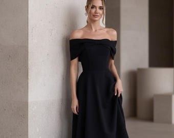 Vestido midi preto formal com decote ombro a ombro — Vestido de coquetel elegante