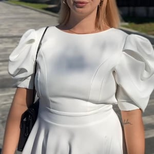 White Midi Dress: Puffy Sleeves, Open Back - Wedding & Events (XS-XXL)