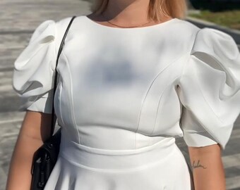 White Midi Dress: Puffy Sleeves, Open Back - Wedding & Events (XS-XXL)
