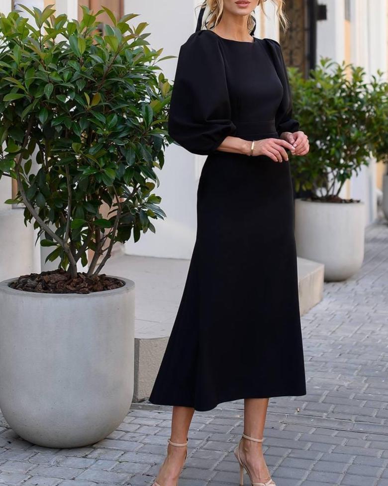 going out midi dress with sleeves Light Blue Wedding Guest Dress Midi With Puff Sleeves, Open Back Detail and  Waist Tie