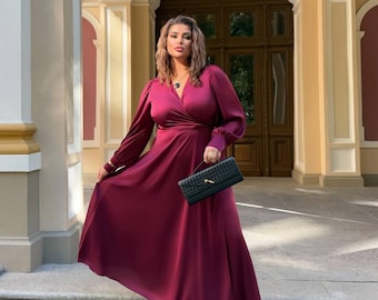 Plus Size Wrap Dress in Plum with Loose Cuffed Sleeves and Flared Skirt