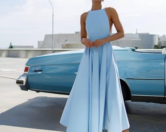 Sky Blue Halter Neck Midi Dress: A-Line Crepe Cocktail Dress