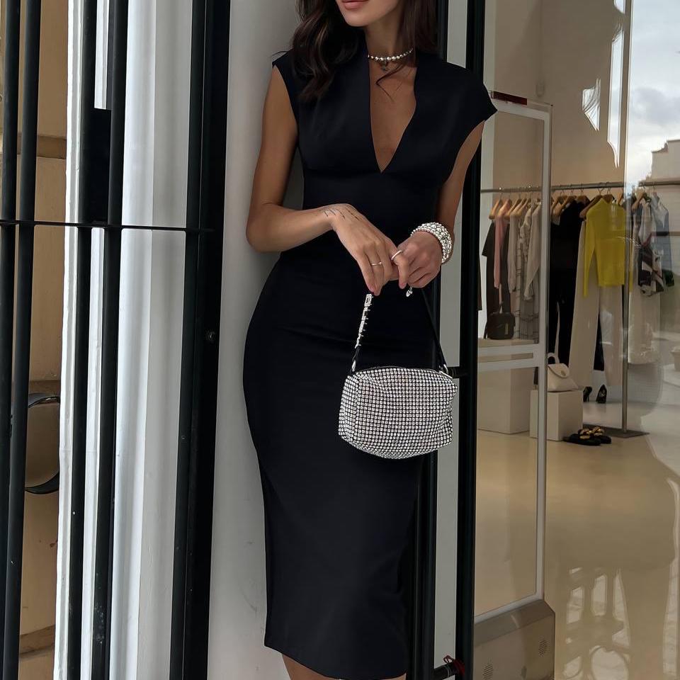 black fitted dress outfit Black Midi Dress: Elegant Bodycon With Cap Sleeves