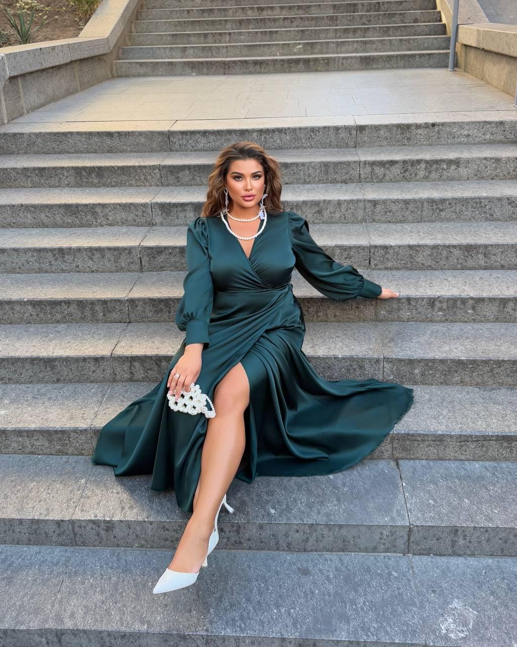Emerald Green Wrap Long Sleeves Dress Satin Plus Size Maxi Gown