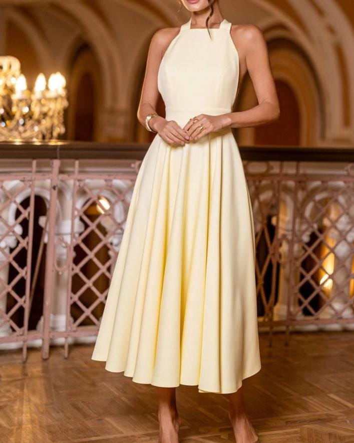 cream formal dress for wedding Reception Midi Outfit Simple Engagement Party Wear 30