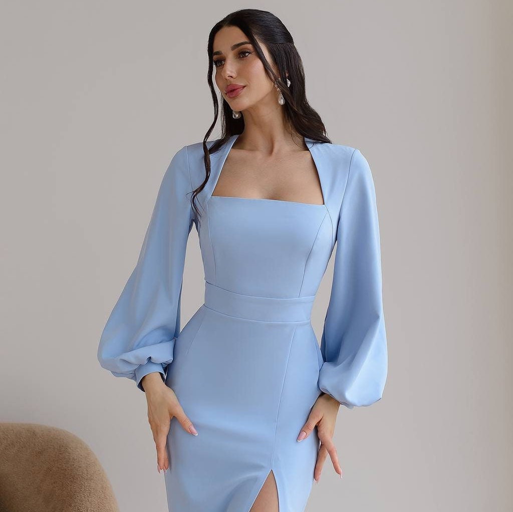 Blue Wedding Midi Dress Long Sleeves Cocktail elegant dress