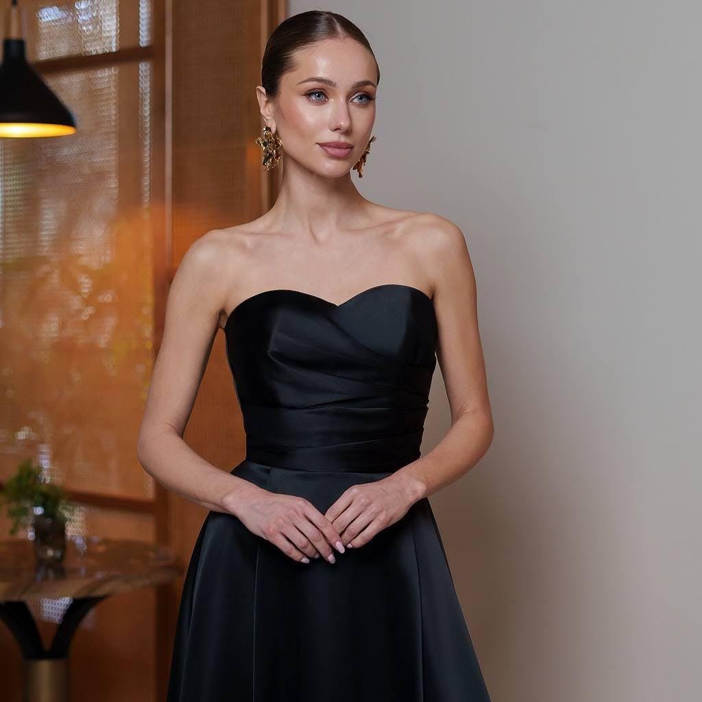 black strapless corset midi dress Clothing: Dresses: Contessa' Black Strapless Satin Corset Midi Dress