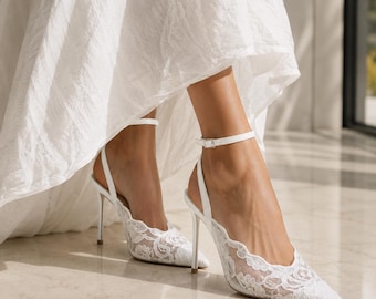White Lace Pump Heels, Buckle Strap High Heel Shoes for Women, Special Occasion Heels, Bride Footwear, Bridal Wedding Heels, Lace Heels