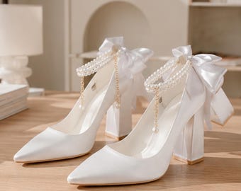 White Satin Pump Heels, Lace Upper Court Shoes, Classic Bridal High Heels for Women, Formal Occasion Heels for Women, Wedding Shoes