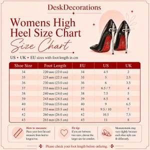 May include: A size chart for high heels titled DeskDecorations Womens High Heel Size Chart. It features a table with columns for shoe size, foot length in cm, EU, US, and UK sizes. Two black high heels with silver sword-shaped heels are shown.