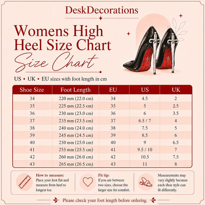 May include: A size chart for high heels titled DeskDecorations Womens High Heel Size Chart. It features a table with columns for shoe size, foot length in cm, EU, US, and UK sizes. Two black high heels with silver sword-shaped heels are shown.