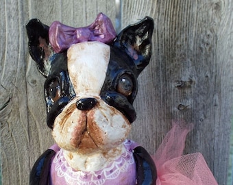 New Vintage Nostalgic Folk Art Boston Terrier Ballerina Girl Dog Doll Handmade