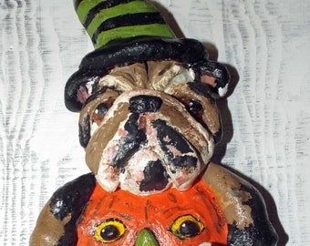New Vintage Style English Bulldog Halloween Pumpkin Witch Ornament Folk Art